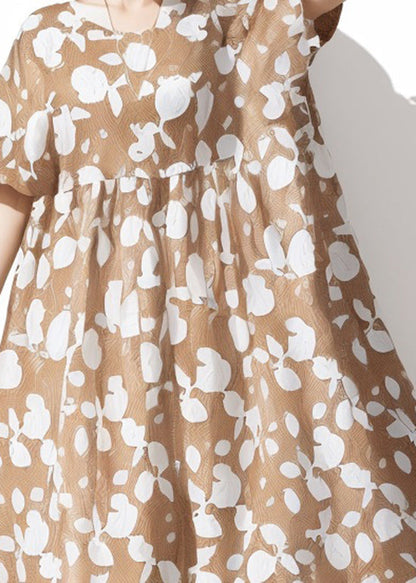 Khaki O Neck Print Cotton Dresses Summer