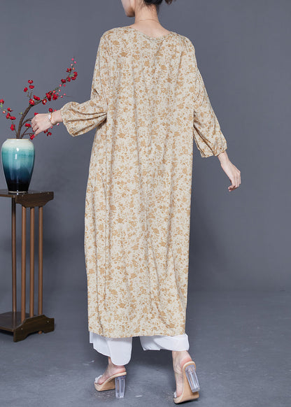 Khaki Oversized Print Cotton Vacation Dress Bracelet Sleeve