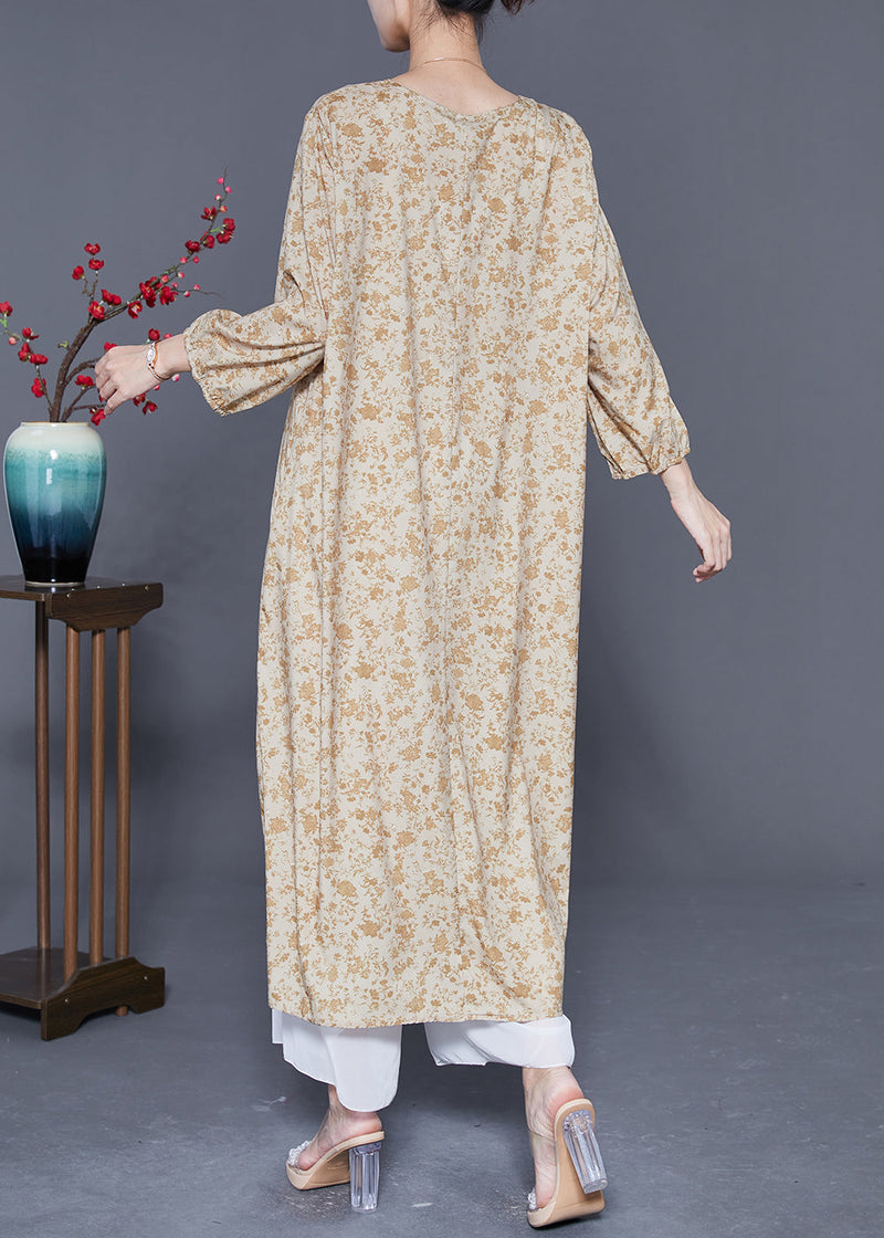 Khaki Oversized Print Cotton Vacation Dress Bracelet Sleeve