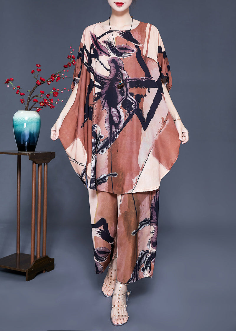 Khaki Print Oversized Side Open Silk Two Pieces Set Batwing Sleeve
