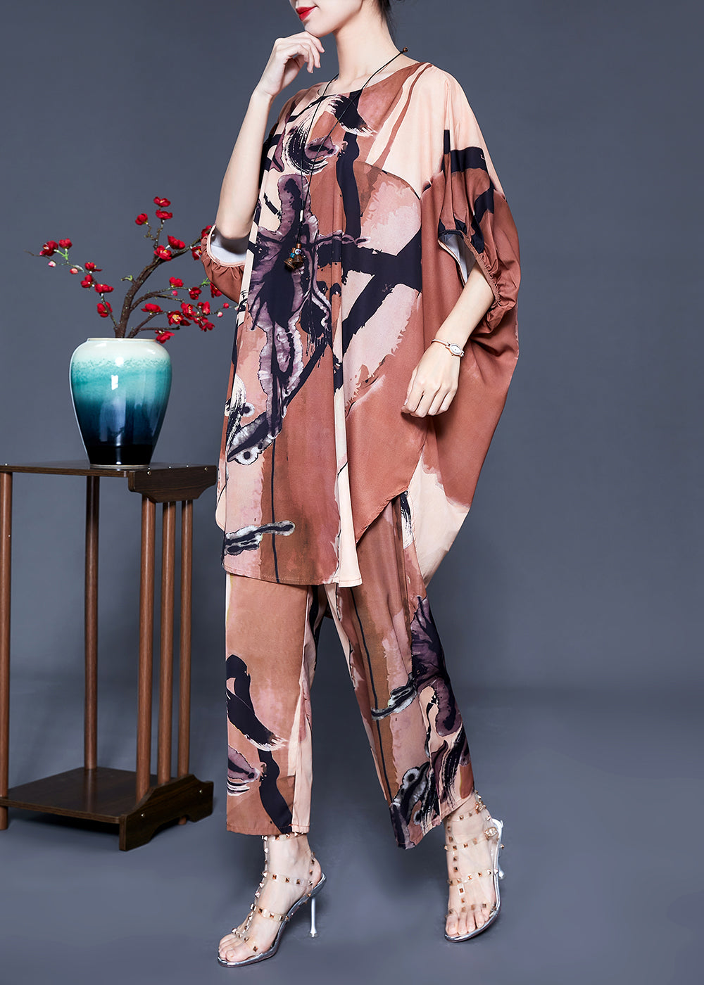 Khaki Print Oversized Side Open Silk Two Pieces Set Batwing Sleeve