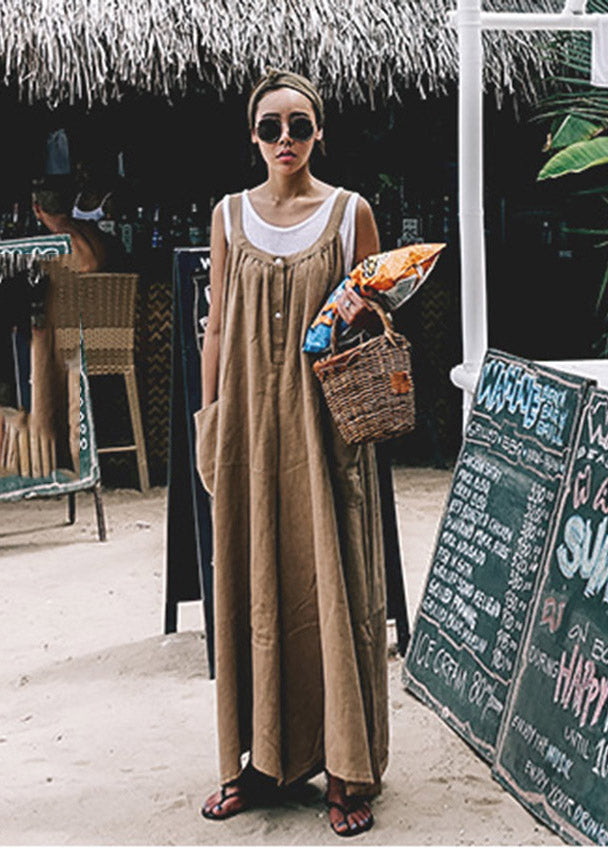 Khaki Spaghetti Strap Pockets Jumpsuit Pants Summer