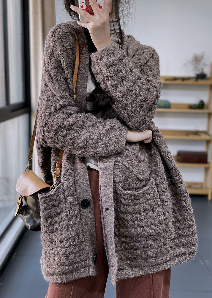 Khaki V Neck Cable Rabbit Hair Knit Loose Cardigans Winter