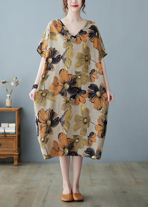 Khaki Geometry V Neck Print Long Dress Short Sleeve