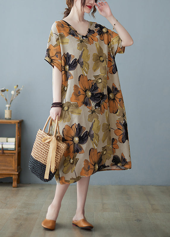 Khaki Geometry V Neck Print Long Dress Short Sleeve