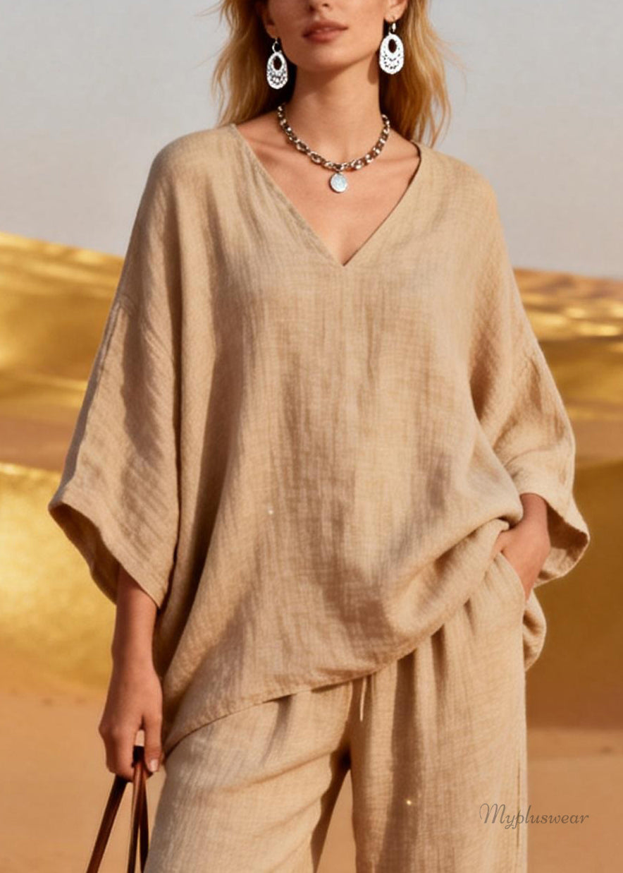 Khaki V Neck Sequins Pockets Patchwork Linen Two Pieces Set Spring