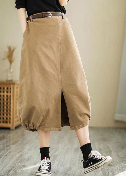 Khaki Side Open High Waist Cotton Skirt Spring