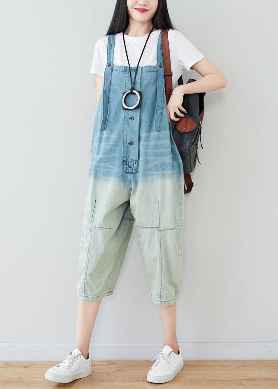 Light Blue Patchwork Gradient Color Cotton Overalls Jumpsuit Spring