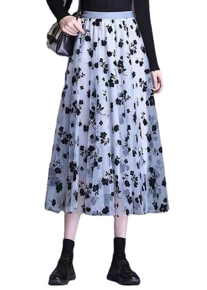 Light Blue Tulle Print a Line Fall Skirts