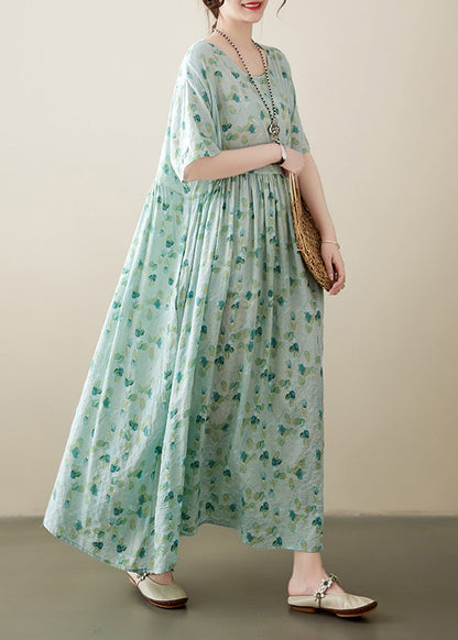 Light Green O-neck Patchwork Print Cotton Holiday Maxi Dress Short Sleeve