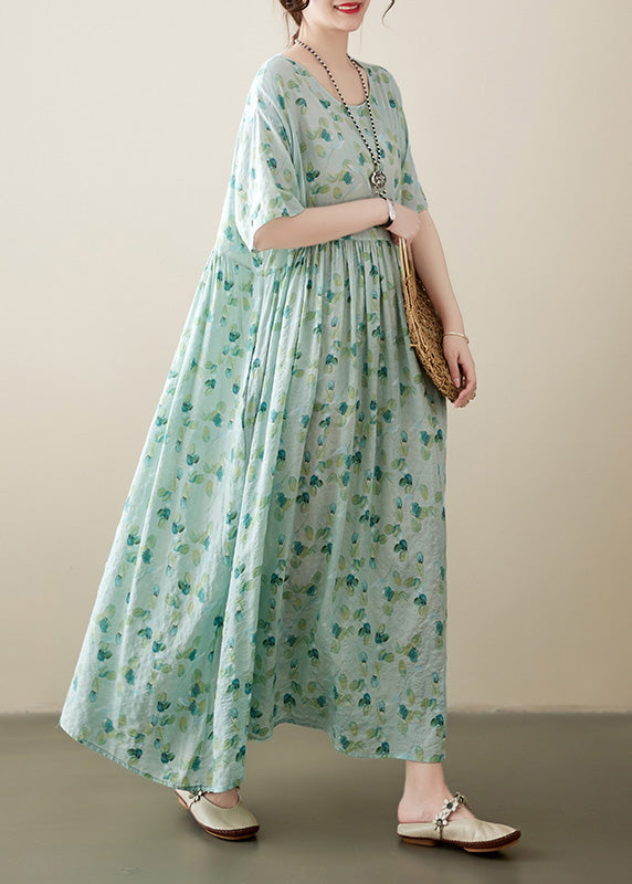 Light Green O-neck Patchwork Print Cotton Holiday Maxi Dress Short Sleeve