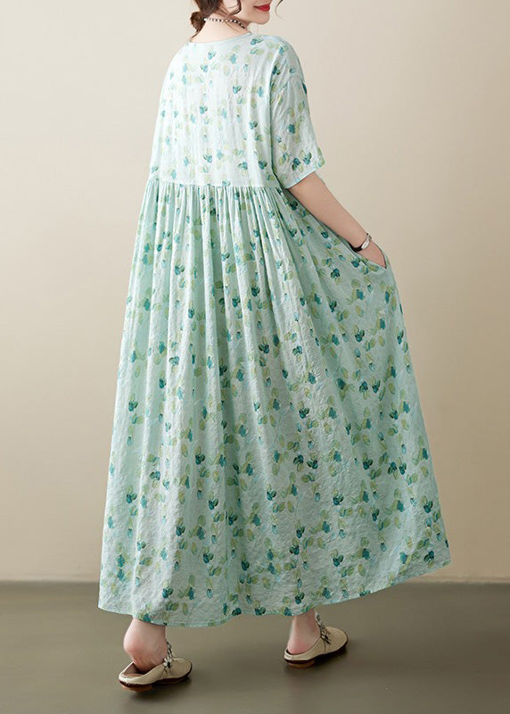 Light Green O-neck Patchwork Print Cotton Holiday Maxi Dress Short Sleeve