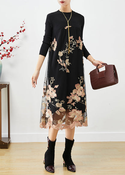 Light Pink Embroideried Patchwork Knit Dresses Fall