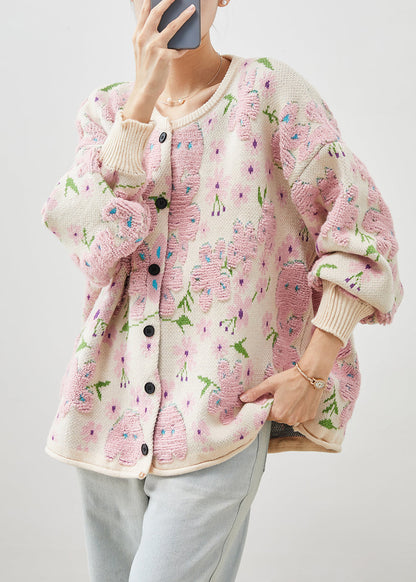 Light Pink Oversized Jacquard Knit Cardigans Winter