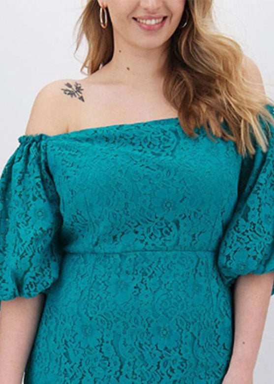 Malachite Green Patchwork Lace Mid Dress Short Sleeve