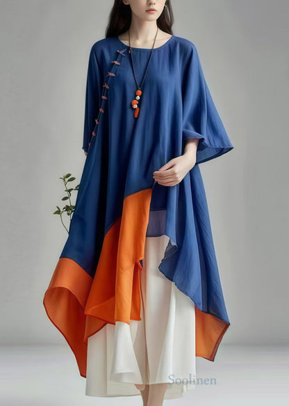 Navy Asymmetrical Patchwork Cotton Dress Summer