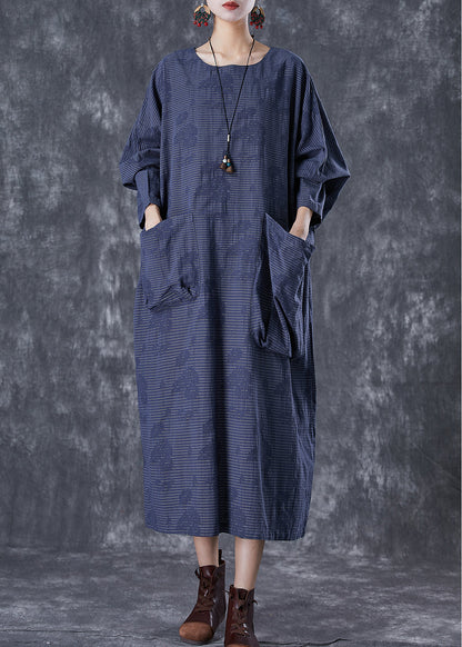 Navy Asymmetrical Pockets Striped Linen Gown Dresses Fall
