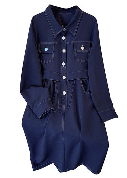 Navy Drawstring Pockets Denim Dress Long Sleeve
