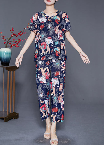 Navy Elephant Print Chiffon Sets 2 Pieces Summer