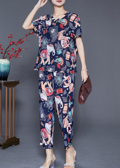 Navy Elephant Print Chiffon Sets 2 Pieces Summer