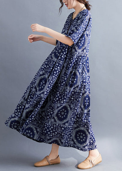 Navy O-neck Print Cotton Long Dress Short Sleeve