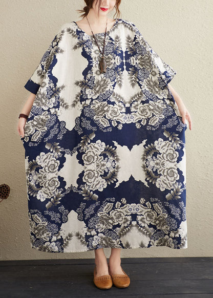Navy O-neck Print Cotton Maxi Dresses Caftan Short Sleeve