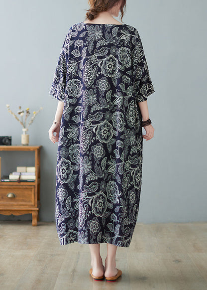 Navy O-neck Print Holiday Long Dress Half Sleeve