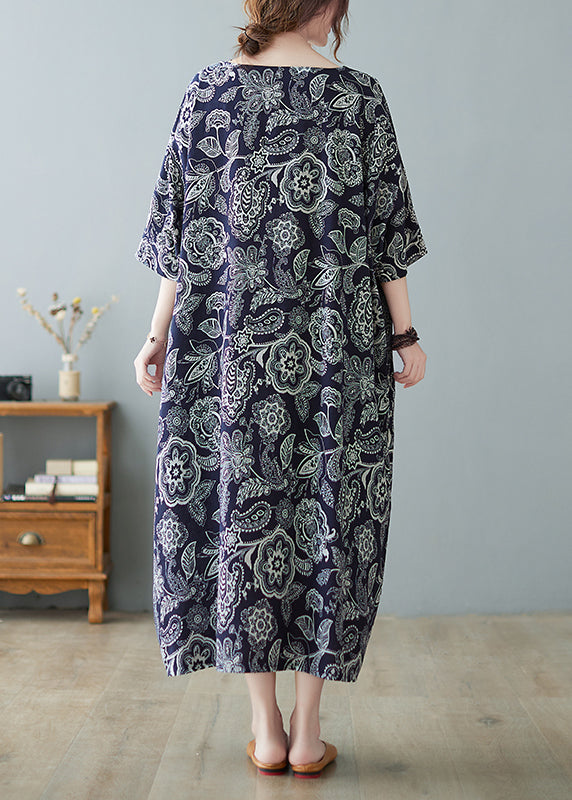 Navy O-neck Print Holiday Long Dress Half Sleeve