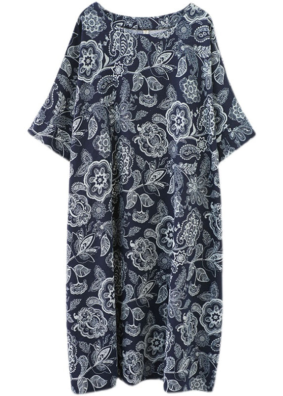 Navy O-neck Print Holiday Long Dress Half Sleeve