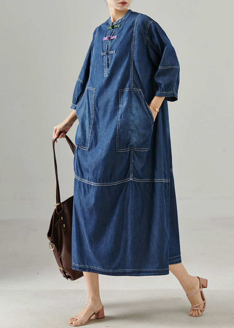 Navy Oversized Chinese Button Denim Dress Bracelet Sleeve