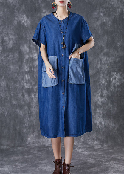 Navy Oversized Patchwork Pockets Denim Maxi Dresses Summer