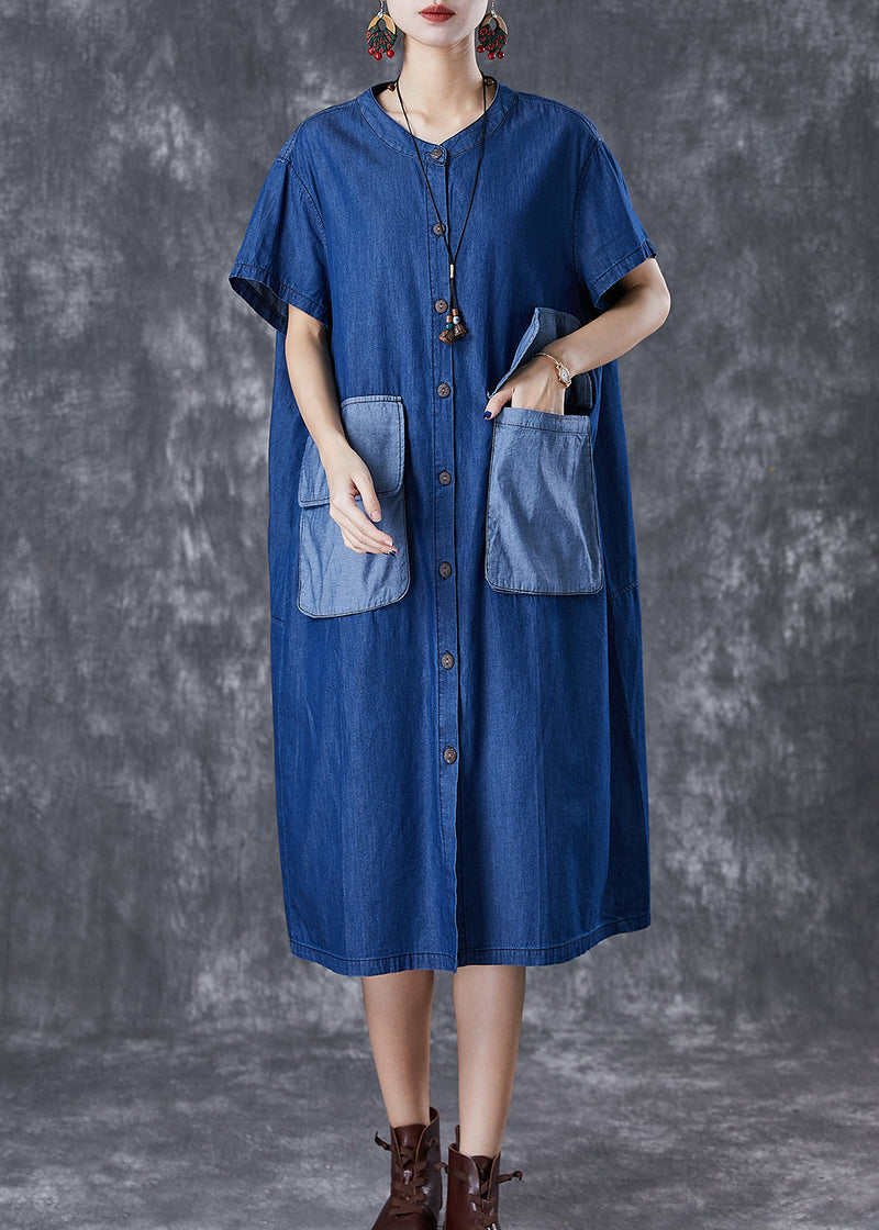 Navy Oversized Patchwork Pockets Denim Maxi Dresses Summer