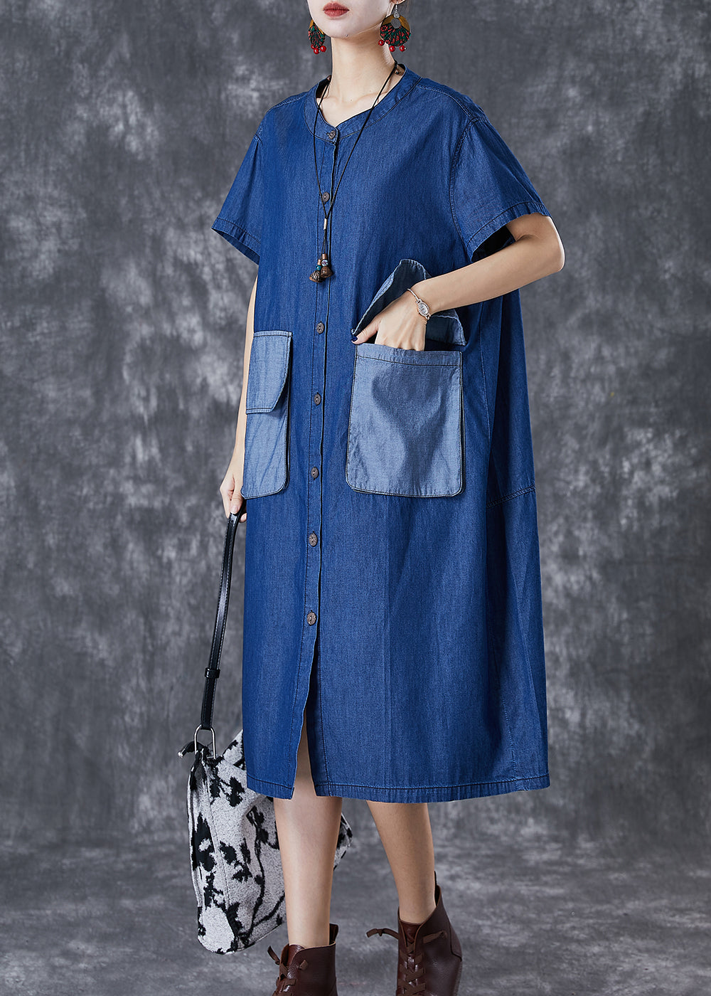 Navy Oversized Patchwork Pockets Denim Maxi Dresses Summer
