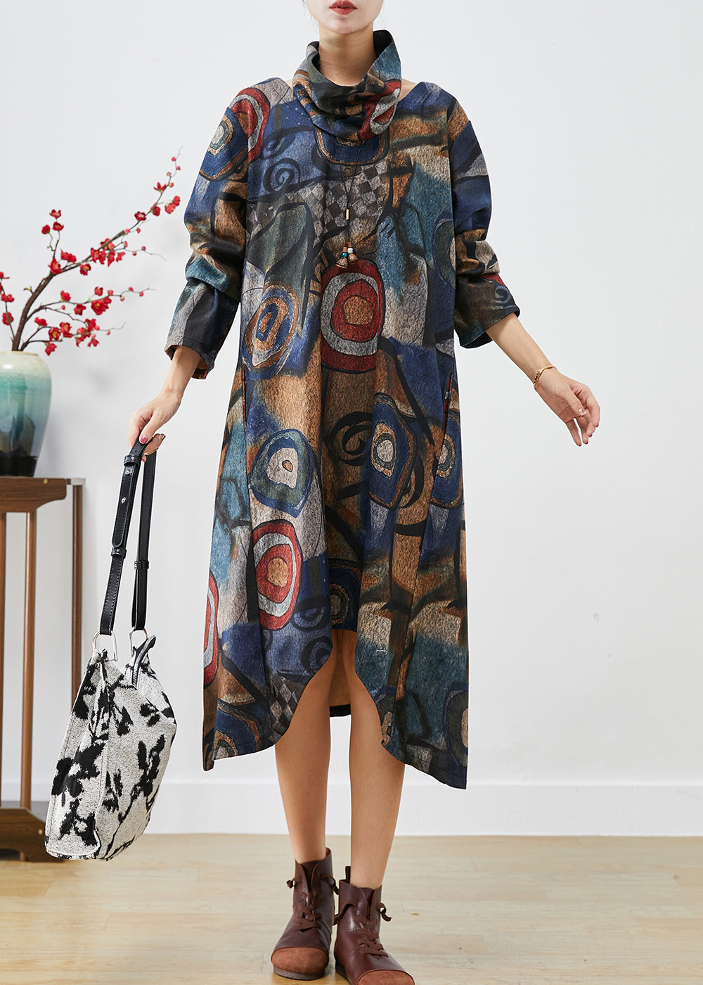 Navy Oversized Print Woolen Dress Two Piece Set Fall