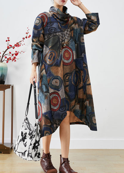 Navy Oversized Print Woolen Dress Two Piece Set Fall