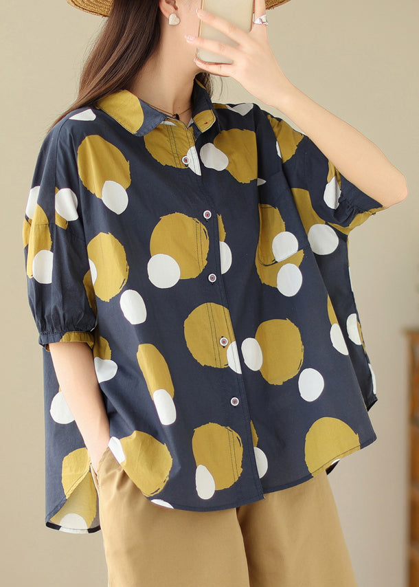 Yellow Sunflower Peter Pan Collar Print Cotton Shirt Tops Summer