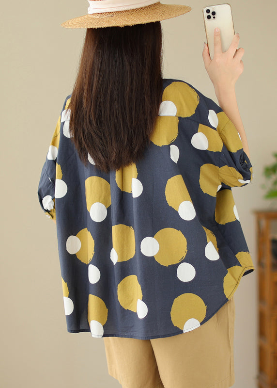 Yellow Sunflower Peter Pan Collar Print Cotton Shirt Tops Summer