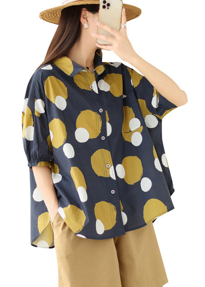 Black Abstract Peter Pan Collar Print Cotton Shirt Tops Summer