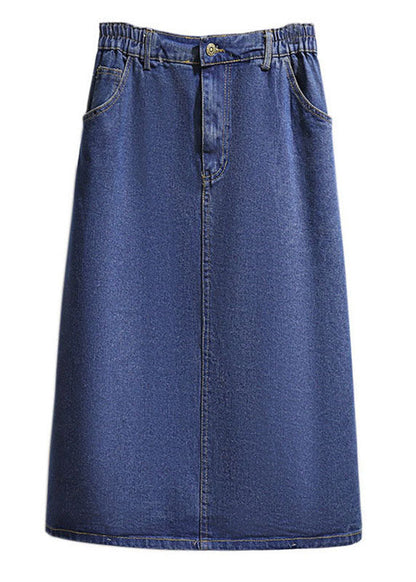 Navy Pockets Elastic Waist Patchwork Denim a Iine Skirts Fall