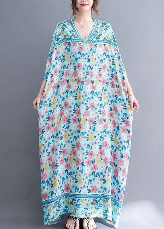 Navy V Neck Print Oversized Cotton Long Dress Gown Short Sleeve
