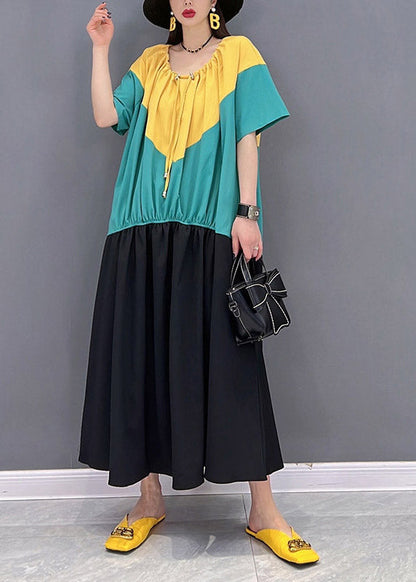 O-neck Patchwork Drawstring Wrinkled Chiffon Dress Short Sleeve