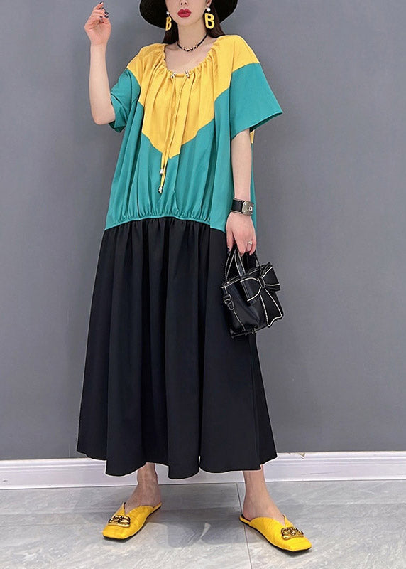 O-neck Patchwork Drawstring Wrinkled Chiffon Dress Short Sleeve