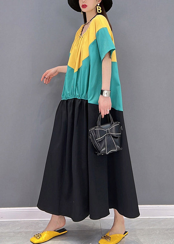 O-neck Patchwork Drawstring Wrinkled Chiffon Dress Short Sleeve