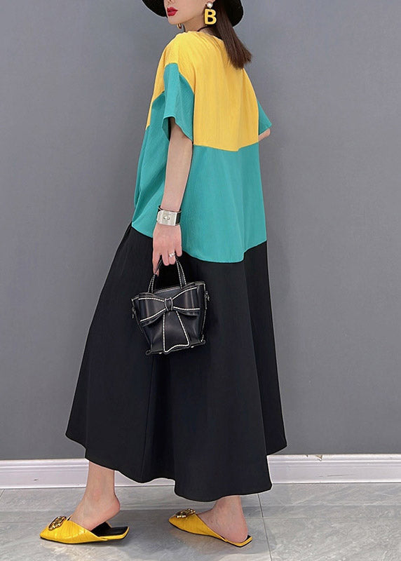 O-neck Patchwork Drawstring Wrinkled Chiffon Dress Short Sleeve