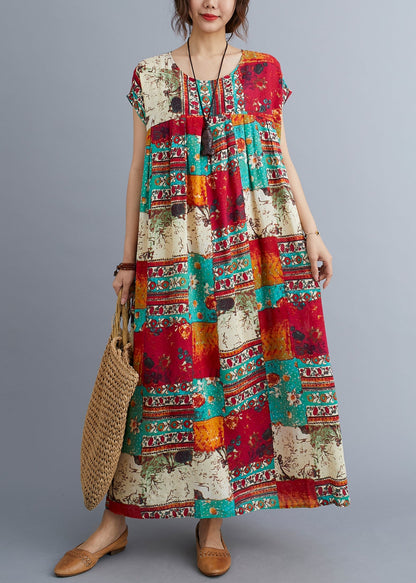 O-neck Patchwork Print Long Dresses Short Sleeve