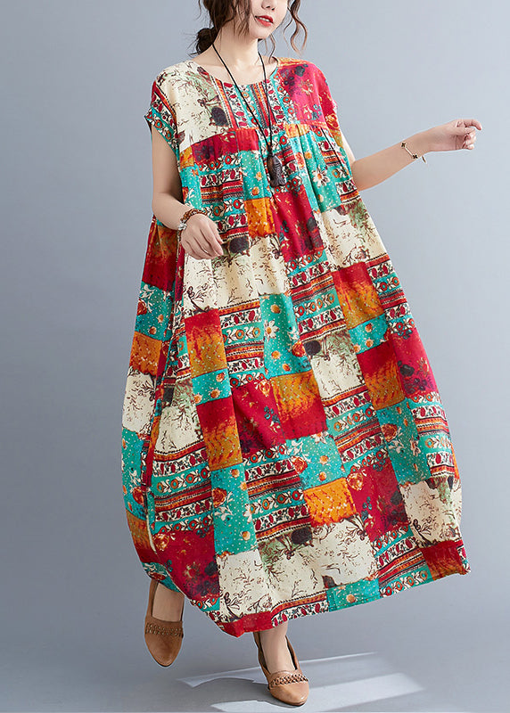 O-neck Patchwork Print Long Dresses Short Sleeve