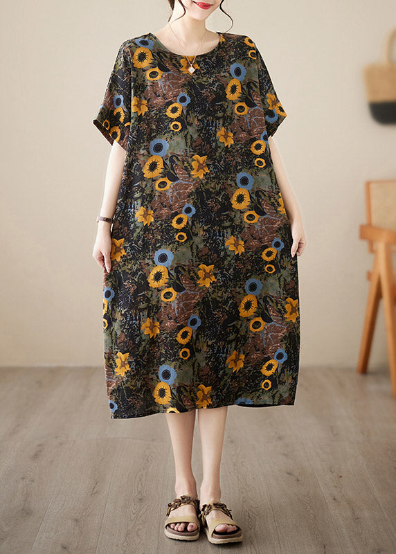 O-neck Print Maxi Dresses Short Sleeve