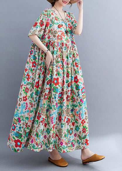 O-neck Print Patchwork Knit Robe Dresses Short Sleeve