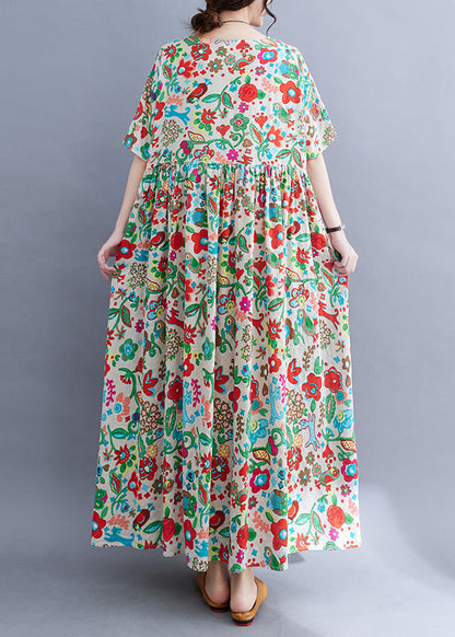O-neck Print Patchwork Knit Robe Dresses Short Sleeve