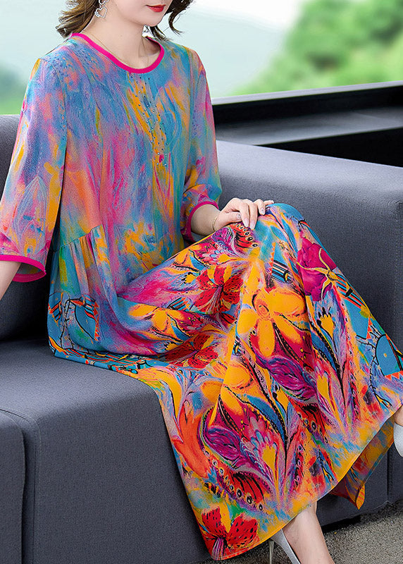 O-neck Print Silk Dress Long Sleeve